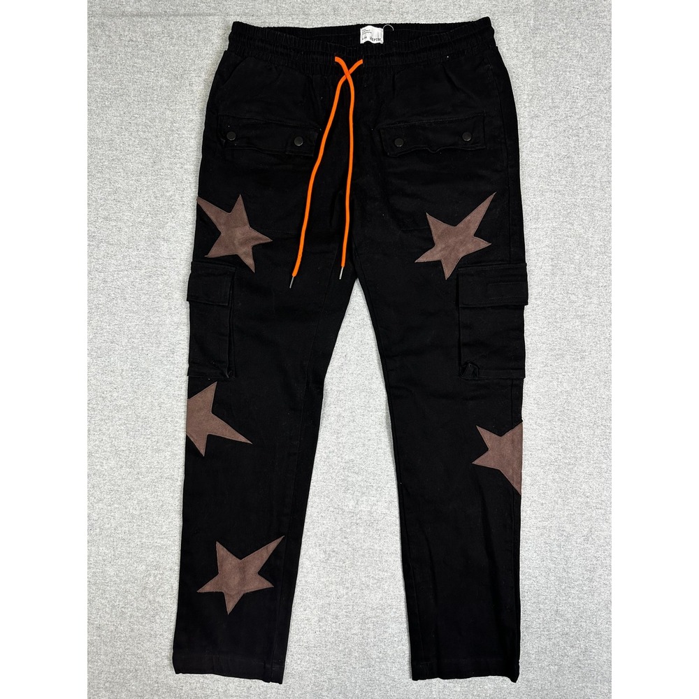 EPTM Cargo Pants Mens Large 30" Inseam Black Star Patch Streetwear Drawstring